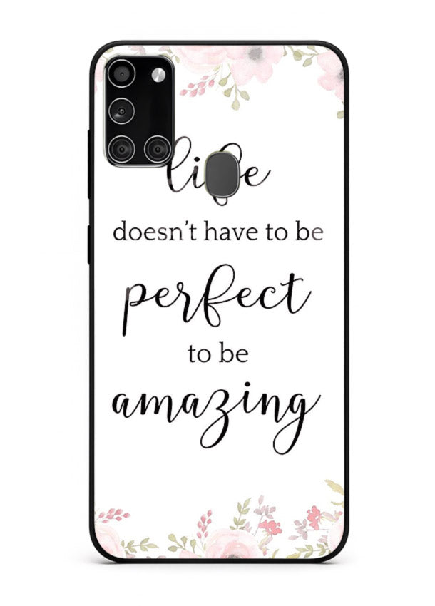 Floral typography artwork printed on Samsung A21s glass back cover with warm tones.