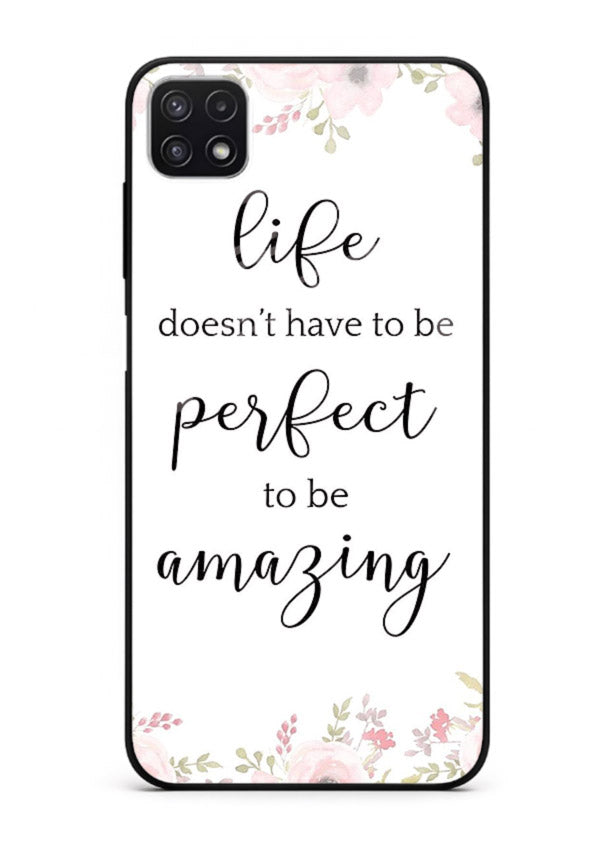 Floral typography artwork printed on Samsung F42 5G glass back cover with warm tones.