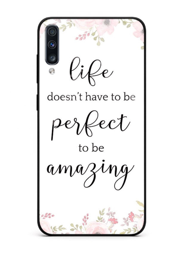 Floral typography artwork printed on Samsung A70 glass back cover with warm tones.