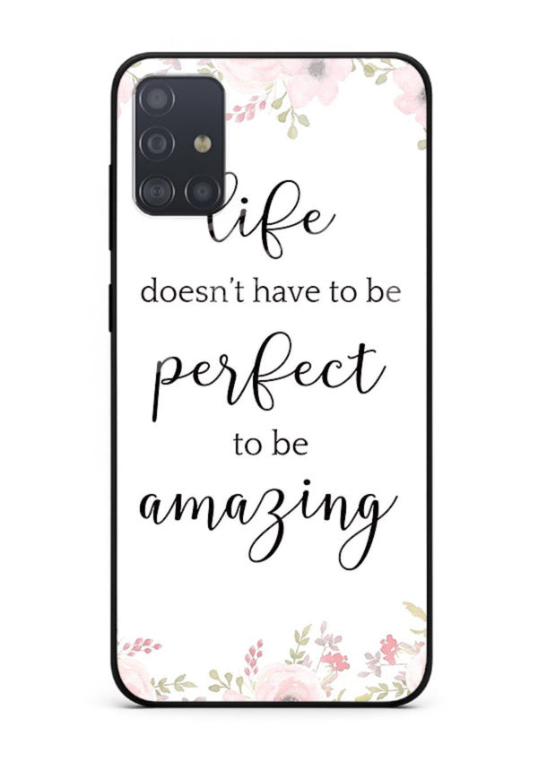 Floral typography artwork printed on Samsung A71 glass back cover with warm tones.