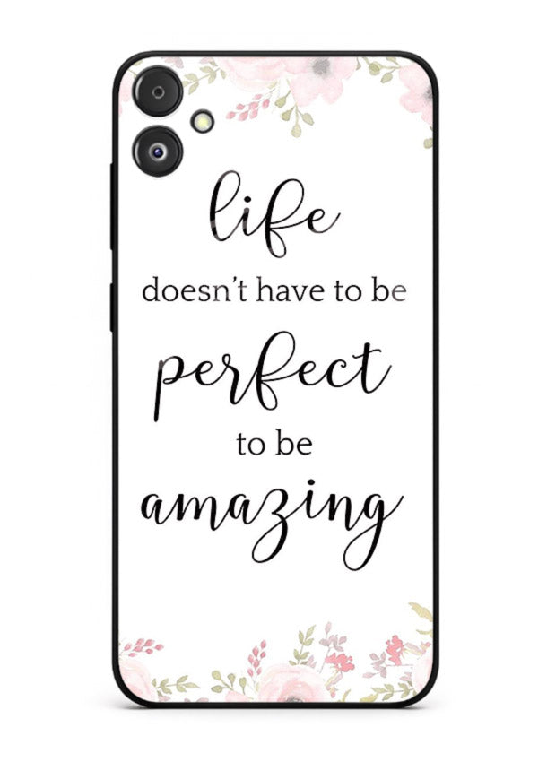 Floral typography artwork printed on Samsung F04 5G glass back cover with warm tones.