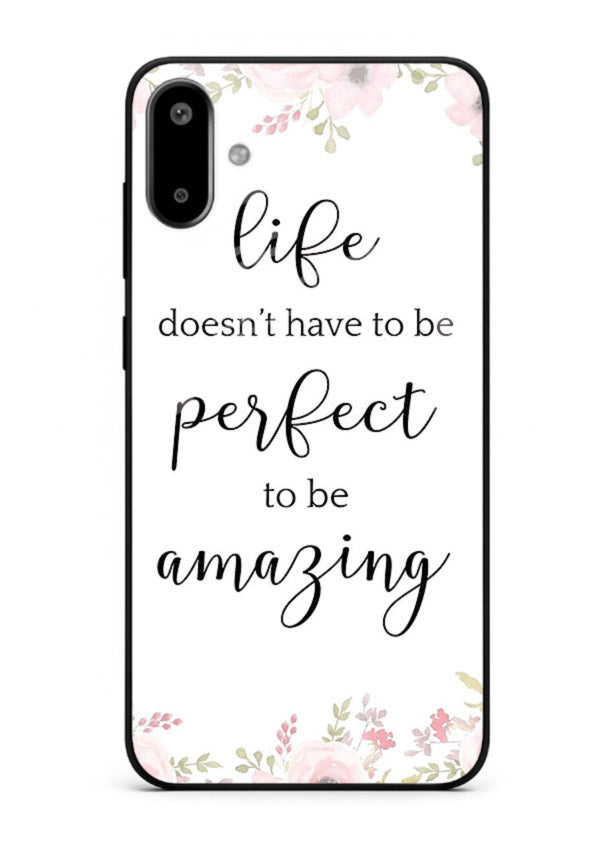 Floral typography artwork printed on Samsung F06 5G glass back cover with warm tones.