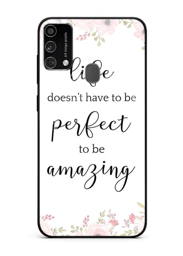Floral typography artwork printed on Samsung F41 glass back cover with warm tones.