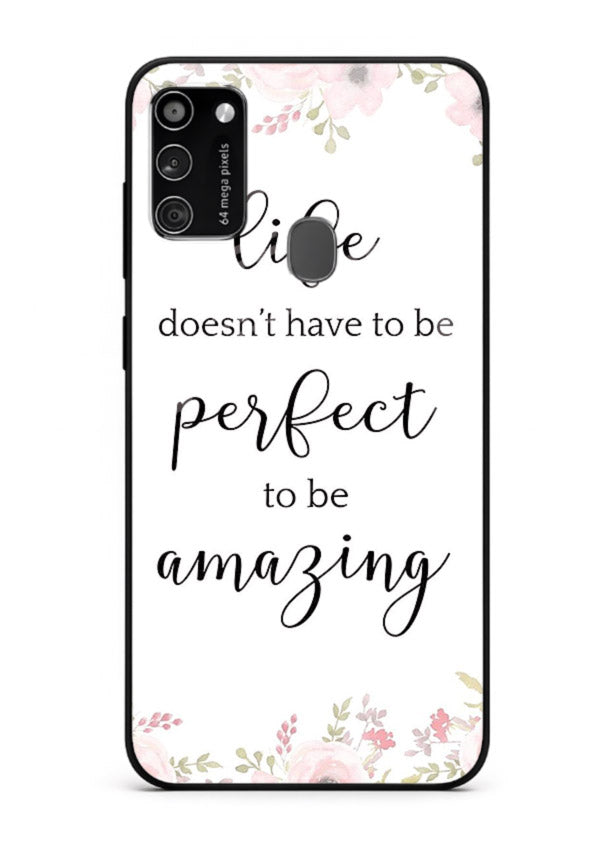 Floral typography artwork printed on Samsung M30s glass back cover with warm tones.