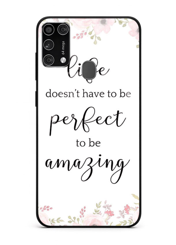 Floral typography artwork printed on Samsung M31 Prime glass back cover with warm tones.