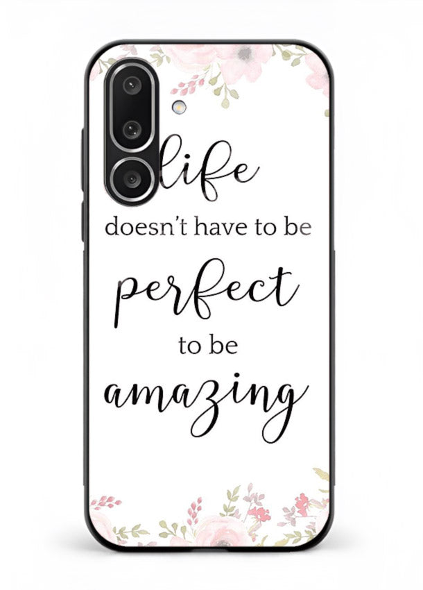 Floral typography artwork printed on Samsung F56 5G glass back cover with warm tones.