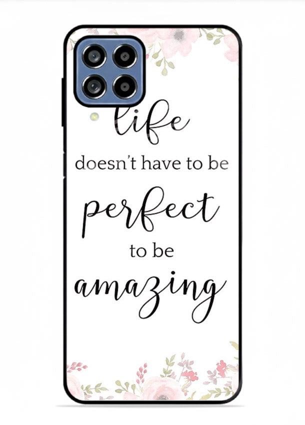 Floral typography artwork printed on Samsung M53 5G glass back cover with warm tones.