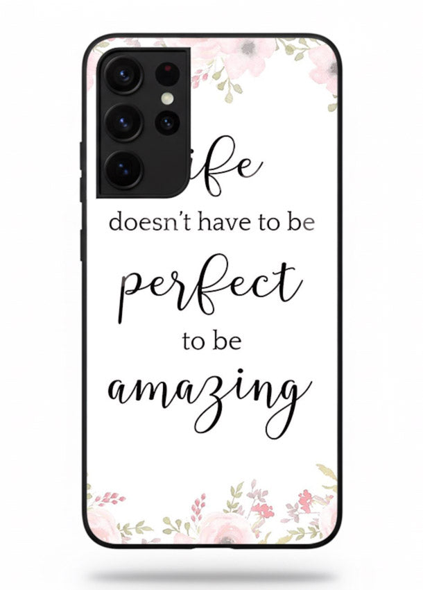 Floral typography artwork printed on Samsung S21 Ultra glass back cover with warm tones.