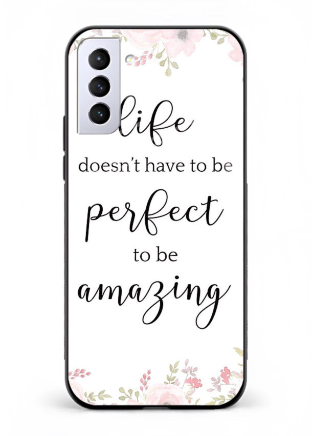 Floral typography artwork printed on Samsung S21 FE glass back cover with warm tones.