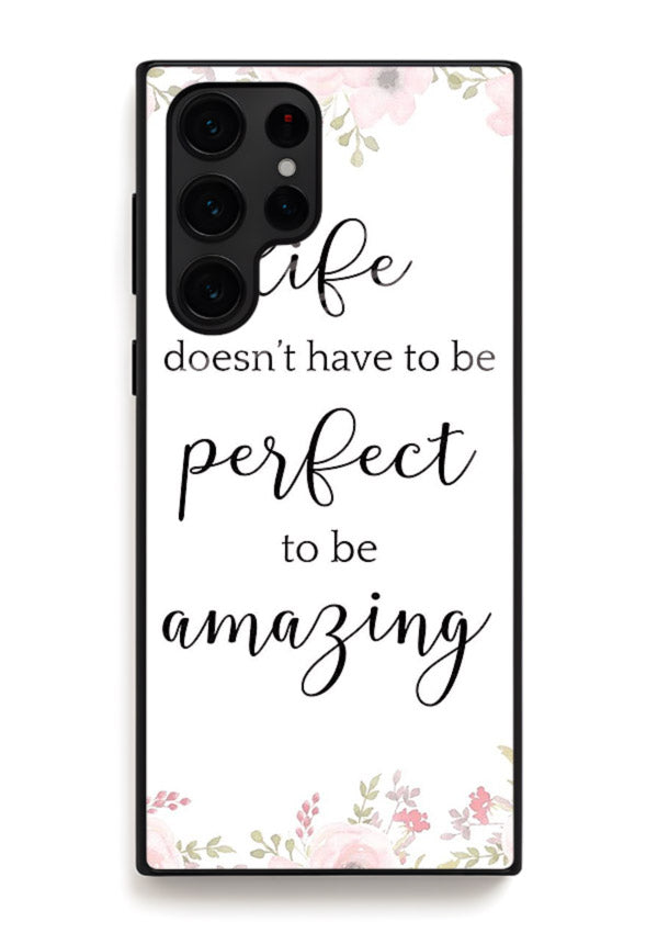 Floral typography artwork printed on Samsung S22 Ultra glass back cover with warm tones.
