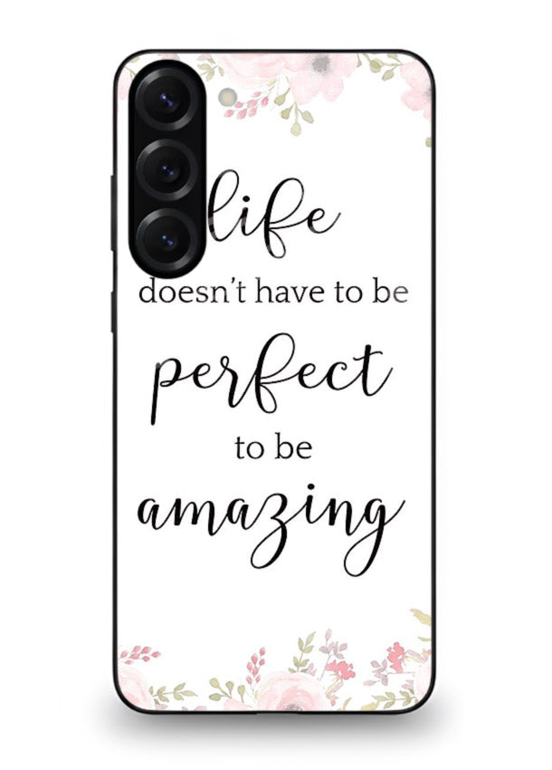 Floral typography artwork printed on Samsung S23 glass back cover with warm tones.