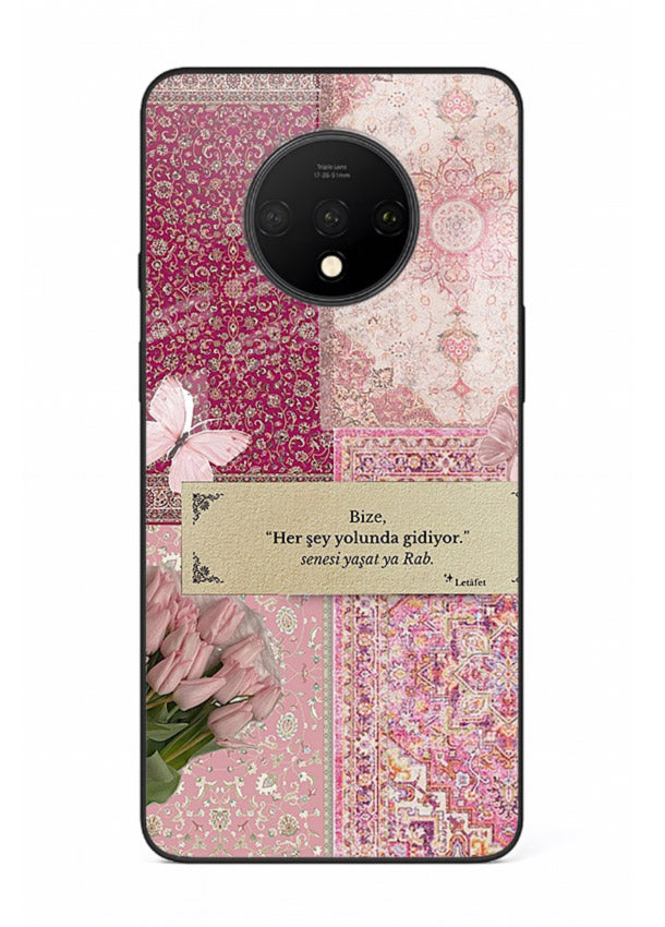 Pink floral patchwork artwork printed on premium tempered glass OnePlus 7T back cover