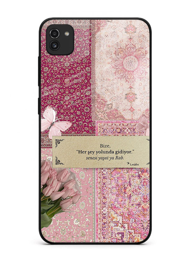 Pink floral patchwork artwork printed on premium tempered glass Samsung A03 back cover