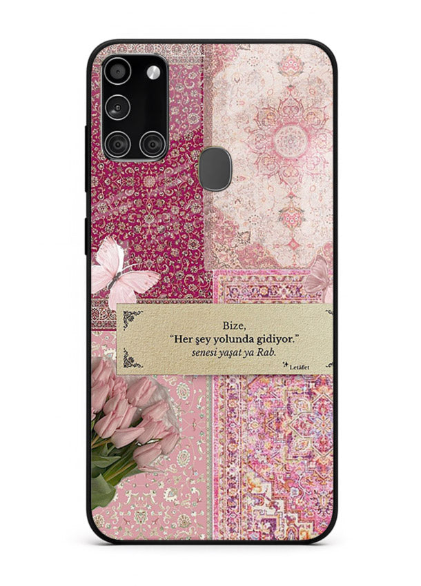 Pink floral patchwork artwork printed on premium tempered glass Samsung A21s back cover
