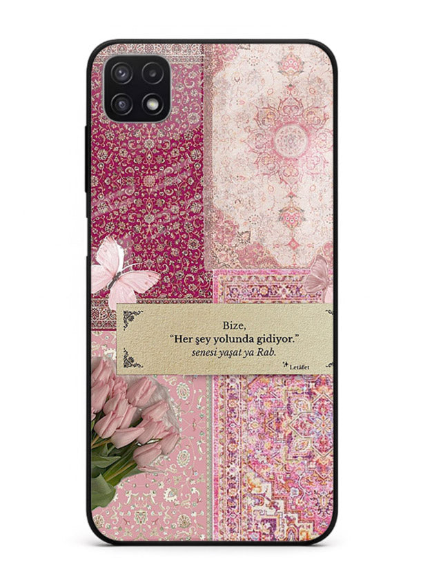 Pink floral patchwork artwork printed on premium tempered glass Samsung A22 5G back cover