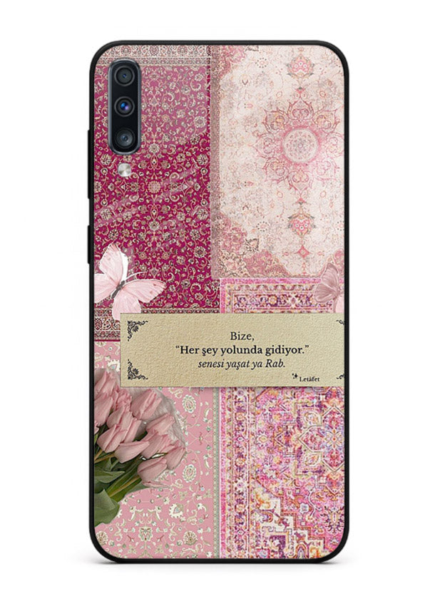 Pink floral patchwork artwork printed on premium tempered glass Samsung A50 back cover