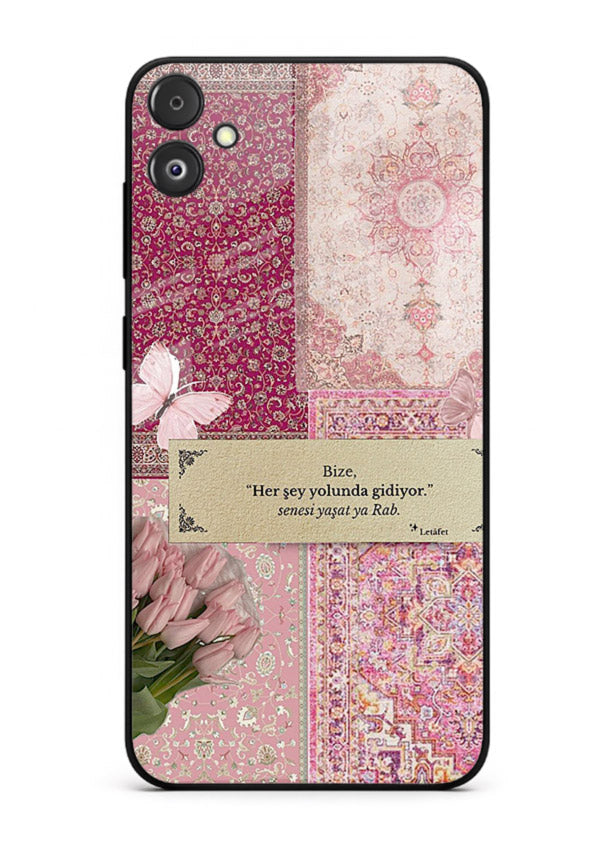 Pink floral patchwork artwork printed on premium tempered glass Samsung F04 5G back cover