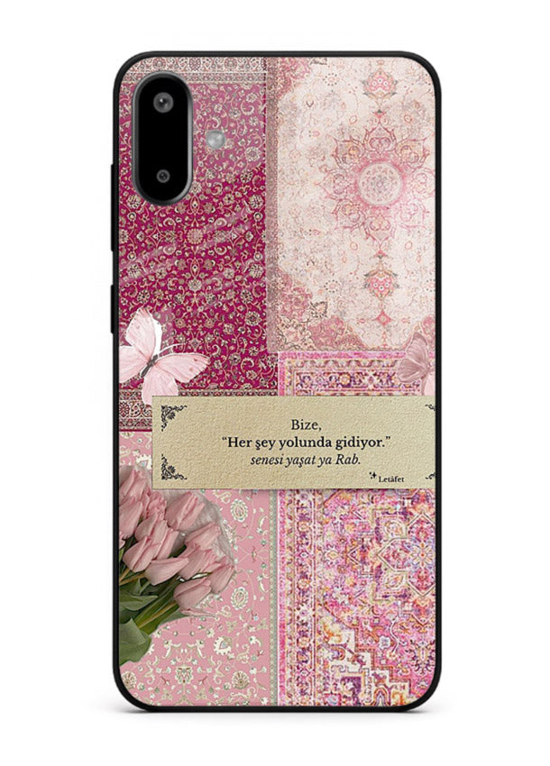 Pink floral patchwork artwork printed on premium tempered glass Samsung F06 5G back cover