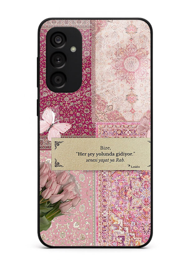 Pink floral patchwork artwork printed on premium tempered glass Samsung M15 5G back cover