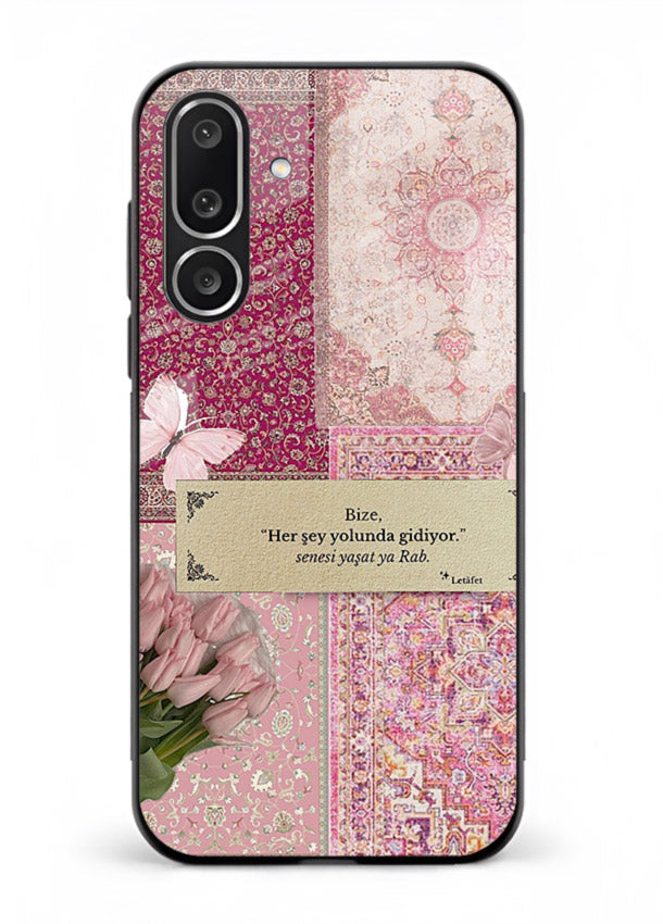 Pink floral patchwork artwork printed on premium tempered glass Samsung F56 5G back cover