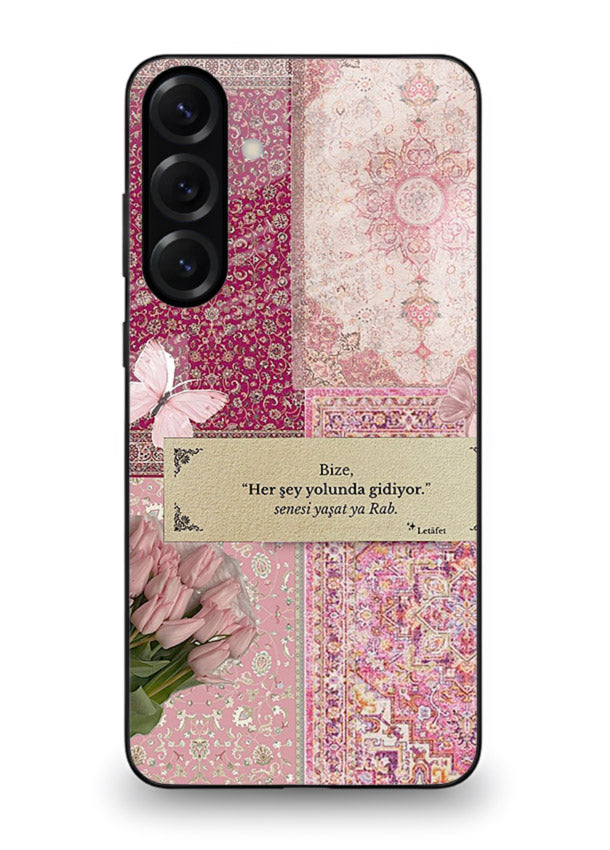 Pink floral patchwork artwork printed on premium tempered glass Samsung A35 5G back cover