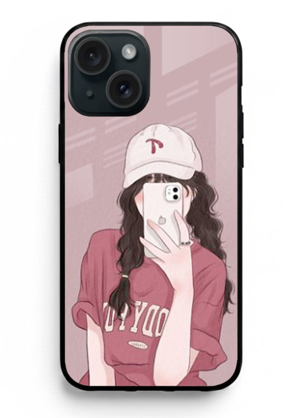 Pink Cap Girl street-style portrait iphone 14 plus glass back cover