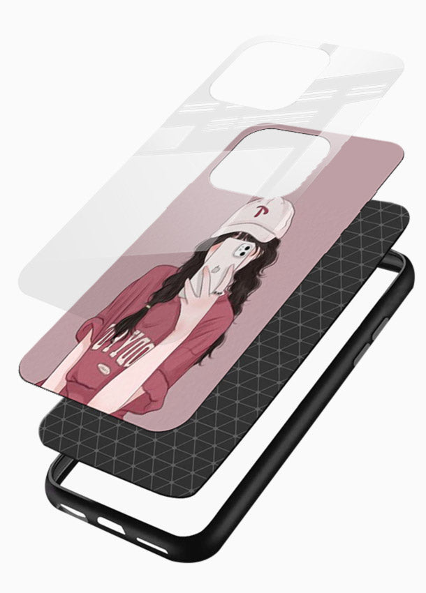 Pink Cap Girl street-style portrait glossy vibrant premium glass back cover - Angle Layers