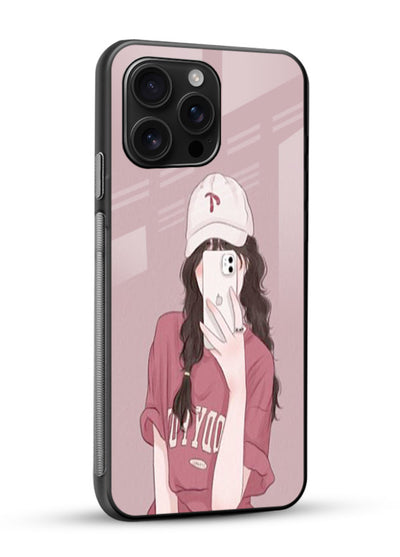 Pink Cap Girl street-style portrait glossy vibrant premium glass back cover - Angle Side