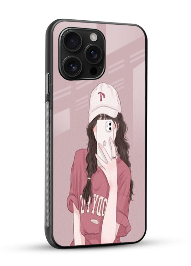 Pink Cap Girl street-style portrait glossy vibrant premium glass back cover - Angle Side