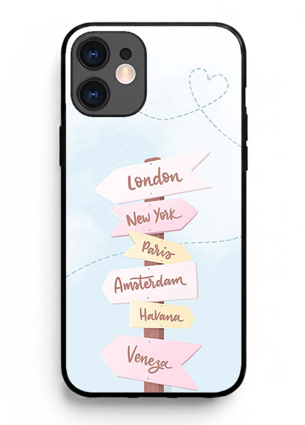 Pink Destination Labels pastel travel artwork iphone 12 mini glass back cover