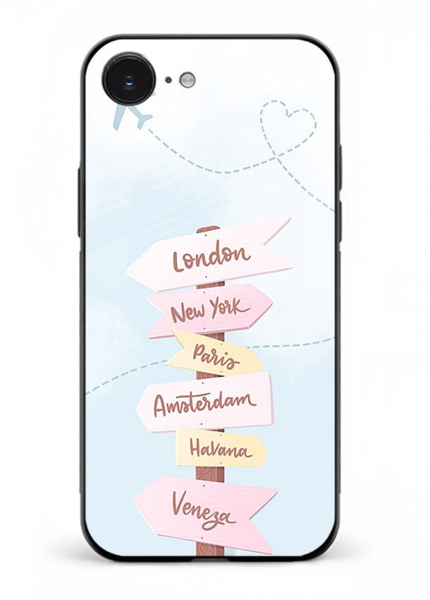 Pink Destination Labels pastel travel artwork iphone 16e glass back cover