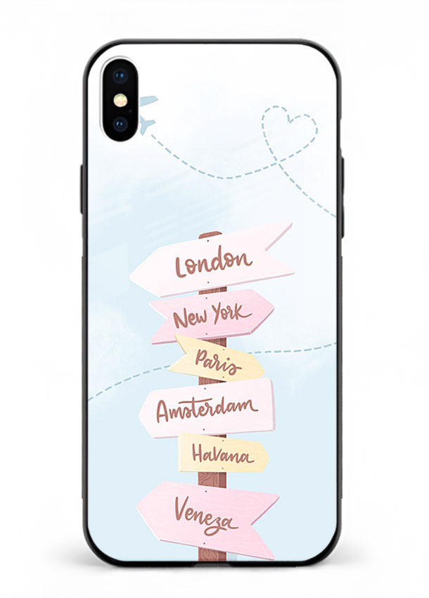 Pink Destination Labels pastel travel artwork iphone xs max glass back cover