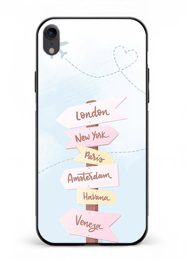 Pink Destination Labels pastel travel artwork iphone xr glass back cover