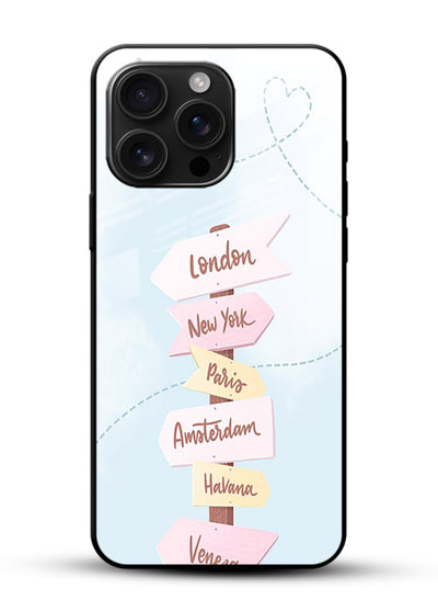 Pink Destination Labels pastel travel artwork glossy vibrant premium glass back cover - Angle Front