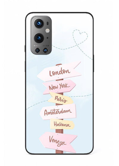 Pink Destination Labels pastel travel artwork OnePlus 9 glass back cover