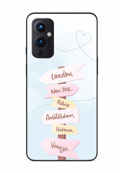 Pink Destination Labels pastel travel artwork OnePlus 9 Pro glass back cover