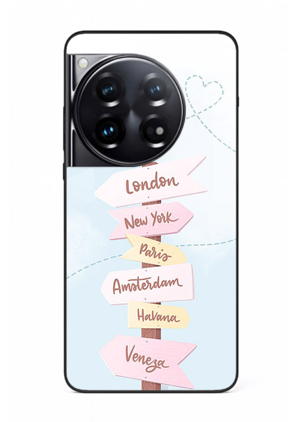Pink Destination Labels pastel travel artwork OnePlus 12 glass back cover
