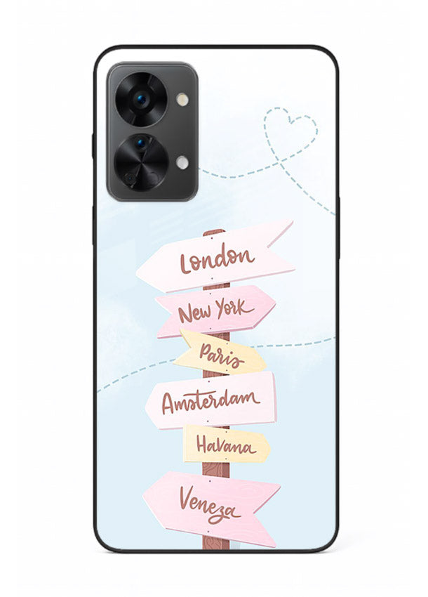 Pink Destination Labels pastel travel artwork OnePlus Nord 2T glass back cover