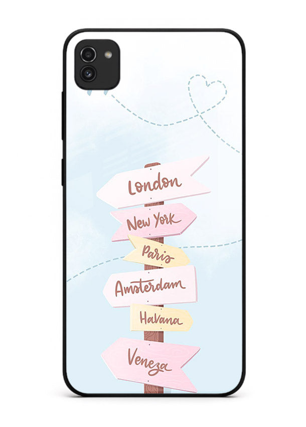 Pink Destination Labels pastel travel artwork Samsung A03 glass back cover