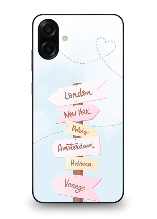 Pink Destination Labels pastel travel artwork Samsung A07 4G glass back cover