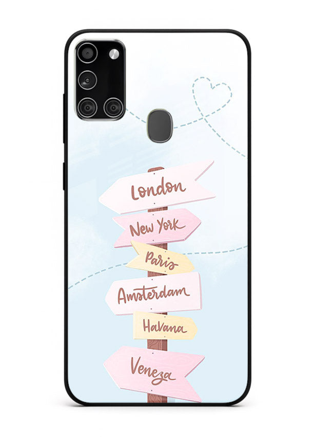 Pink Destination Labels pastel travel artwork Samsung A21s glass back cover