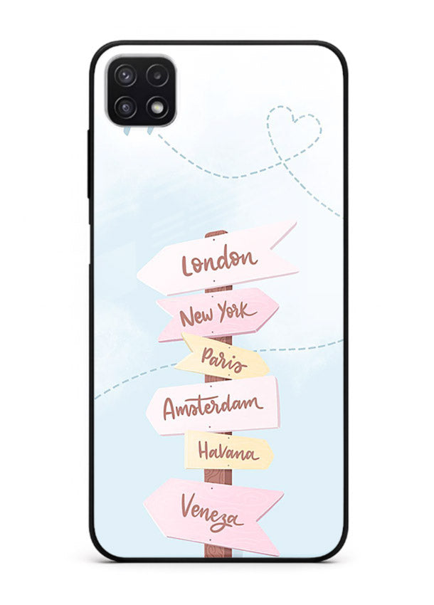 Pink Destination Labels pastel travel artwork Samsung A22 5G glass back cover