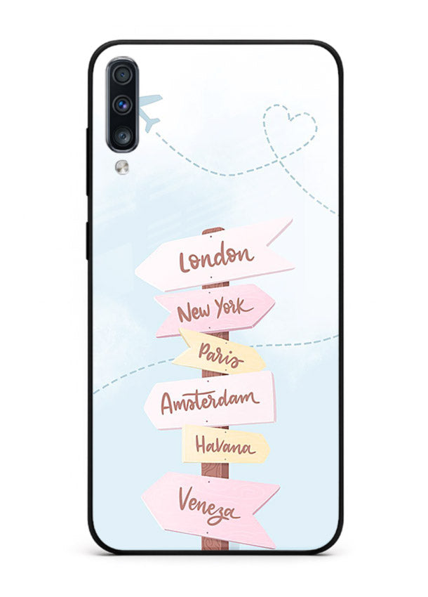 Pink Destination Labels pastel travel artwork Samsung A50 glass back cover