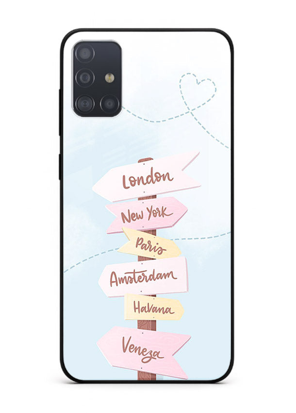 Pink Destination Labels pastel travel artwork Samsung A51 glass back cover
