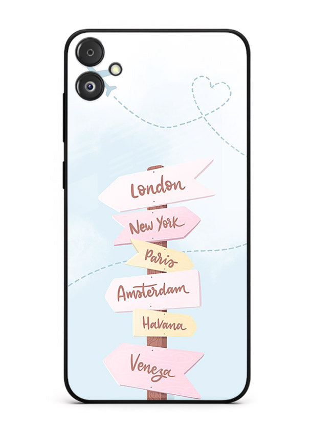 Pink Destination Labels pastel travel artwork Samsung F05 5G glass back cover