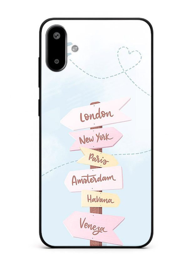 Pink Destination Labels pastel travel artwork Samsung F06 5G glass back cover
