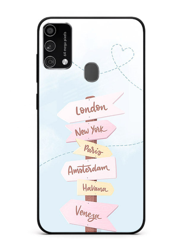 Pink Destination Labels pastel travel artwork Samsung F41 glass back cover
