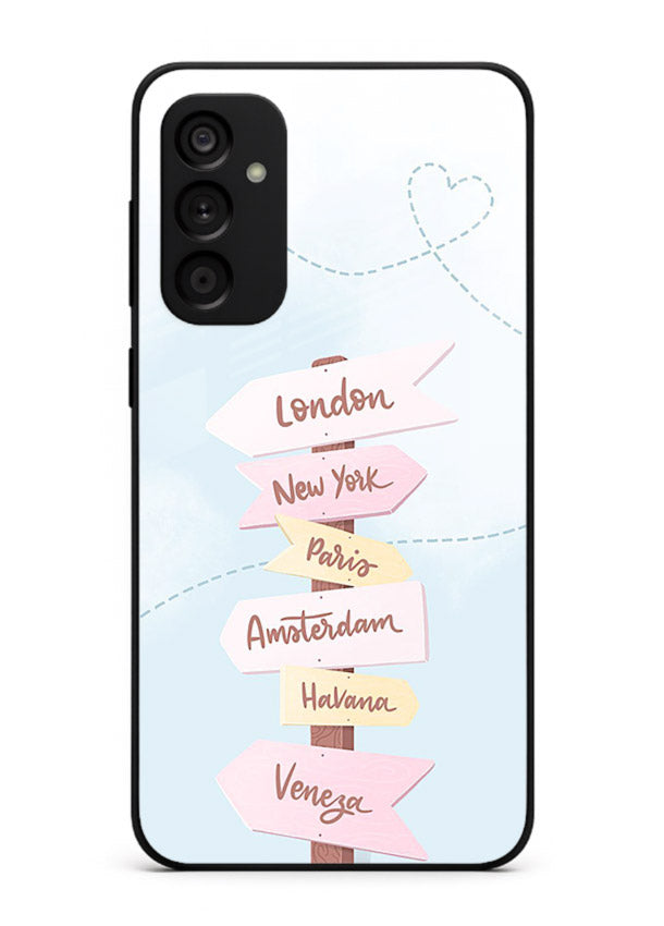 Pink Destination Labels pastel travel artwork Samsung A15 5G glass back cover