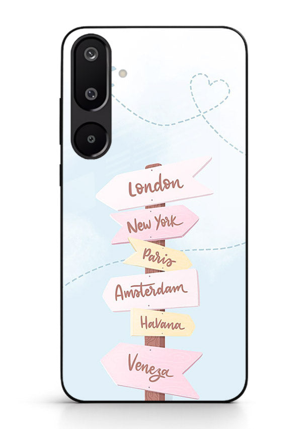 Pink Destination Labels pastel travel artwork Samsung M16 5G glass back cover