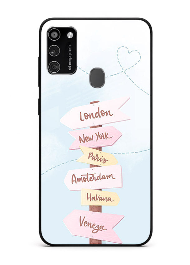 Pink Destination Labels pastel travel artwork Samsung M21 glass back cover